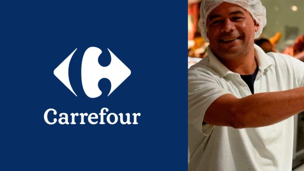Homem trabalhando em supermercado e logo Carrefour